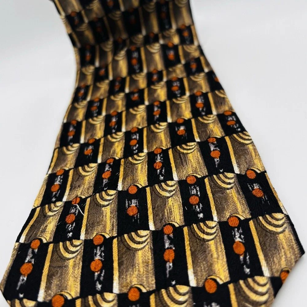 Ermenegildo‎ Zegna Tie Mens OS Gold Black Orange Geometric Silk Italy Luxury